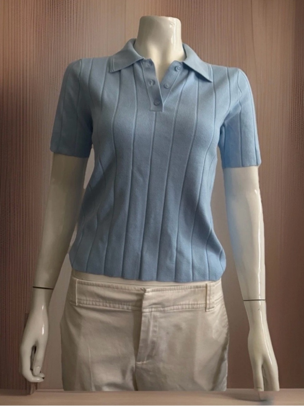 New Mango Classic Ribbed Polo Top in Light Blue Size Medium Stretch